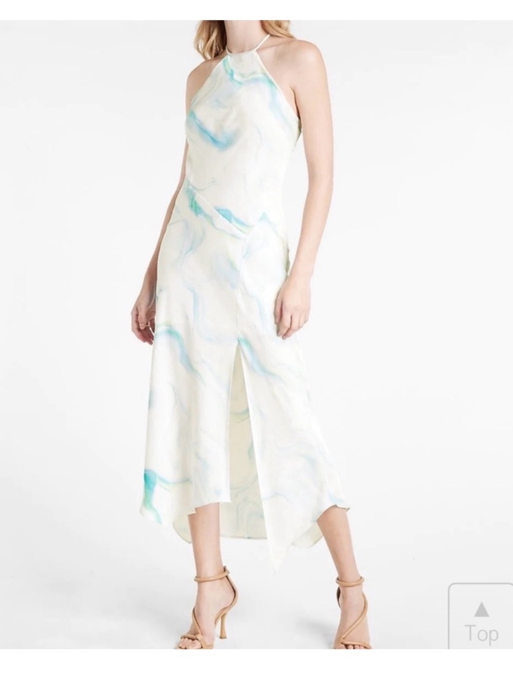 Express Halter High-Low Midi Dress in Ivory and Aqua Marble